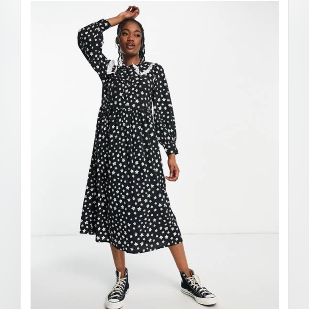 New Look look collar detail midi smock dress in black floral (UK12=US8)